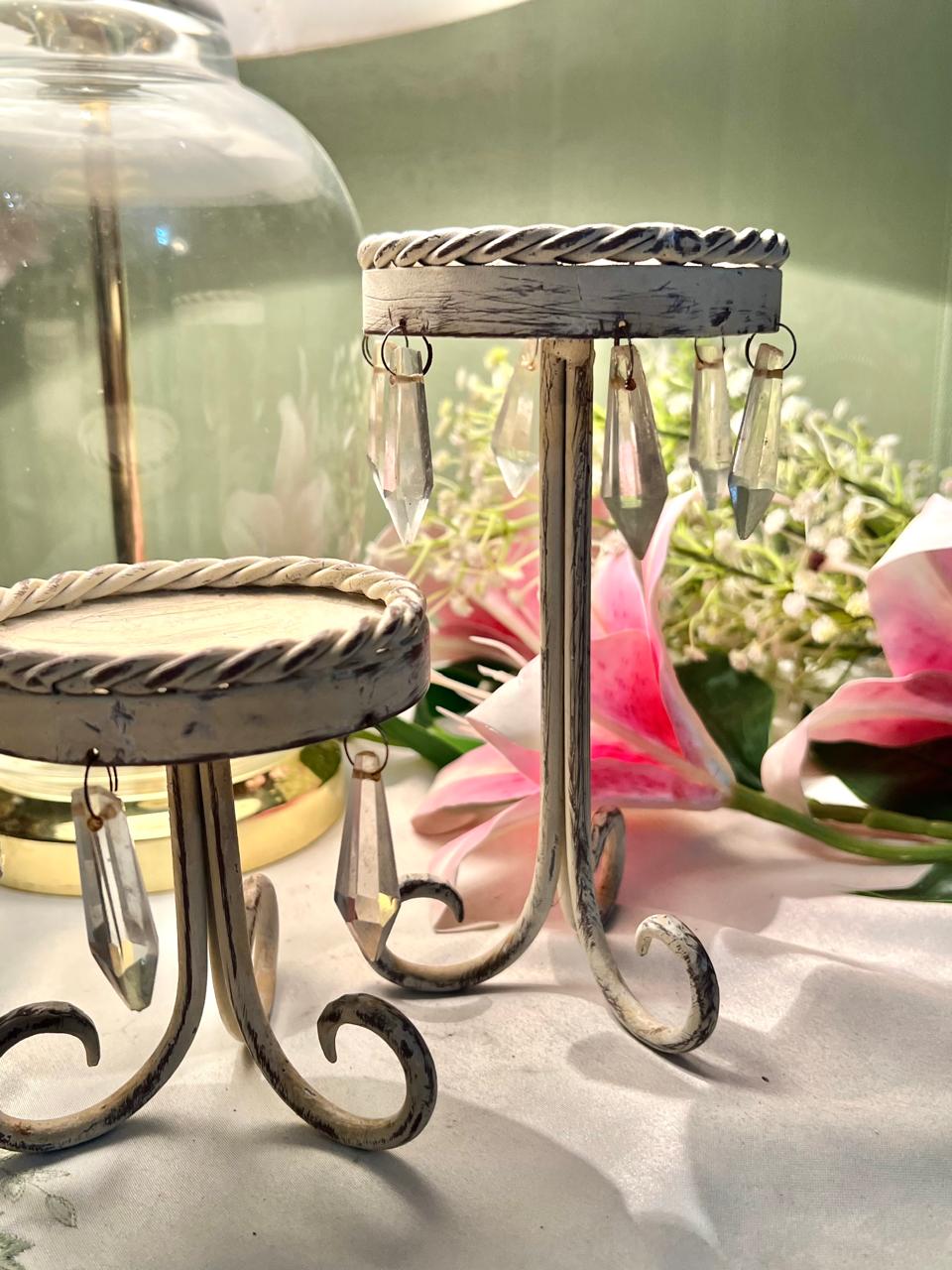 Set of 2 Crystal Drop Display / Candle Stands Cream Metal 7 in & 4 in