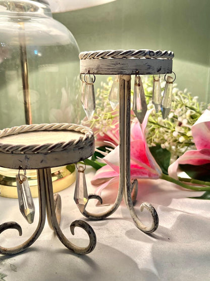 Set of 2 Crystal Drop Display / Candle Stands Cream Metal 7 in & 4 in