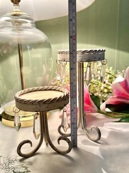 Set of 2 Crystal Drop Display / Candle Stands Cream Metal 7 in & 4 in
