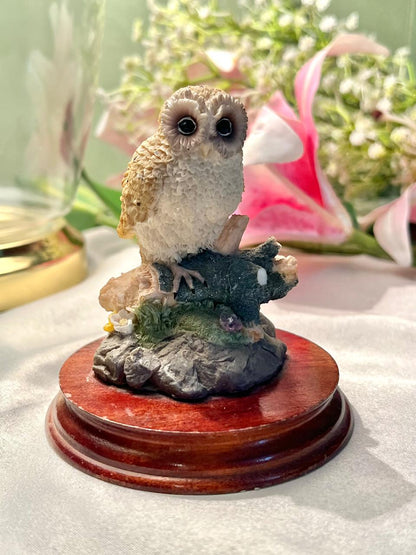Owl on Branch Figurine with Wooden Base 9cm