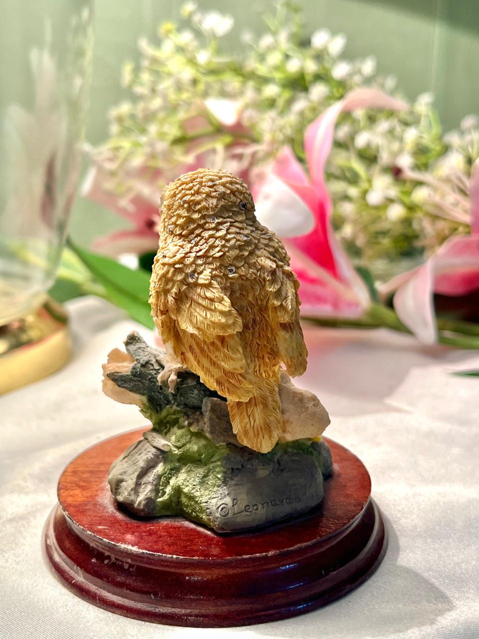 Owl on Branch Figurine with Wooden Base 9cm