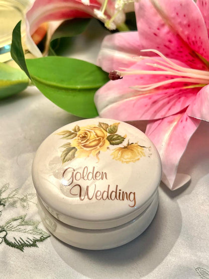 British Handmade Pottery Golden Wedding Trinket Dish 3 in
