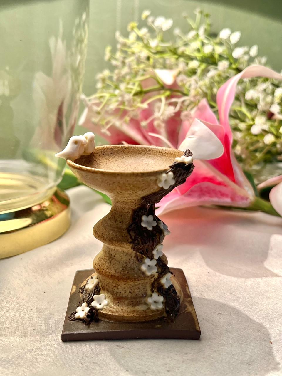 Bird & Floral Pedestal Dish Miniature Decor 9cm
