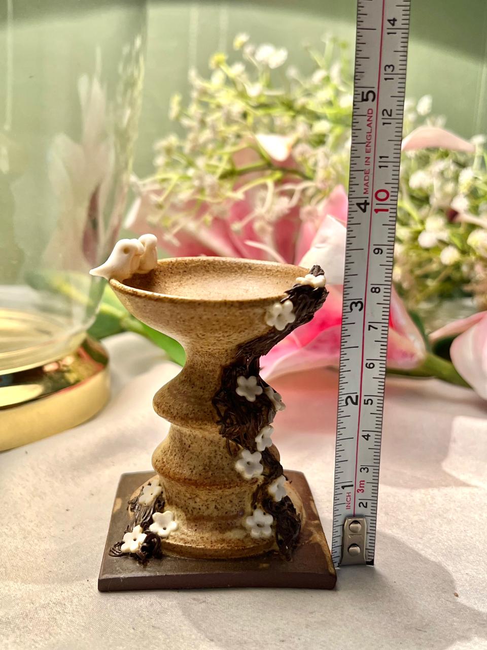 Bird & Floral Pedestal Dish Miniature Decor 9cm