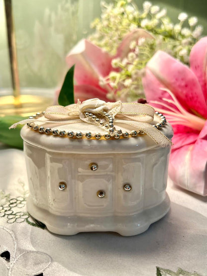 White Ceramic Beaded Lidded Trinket Box 4 in