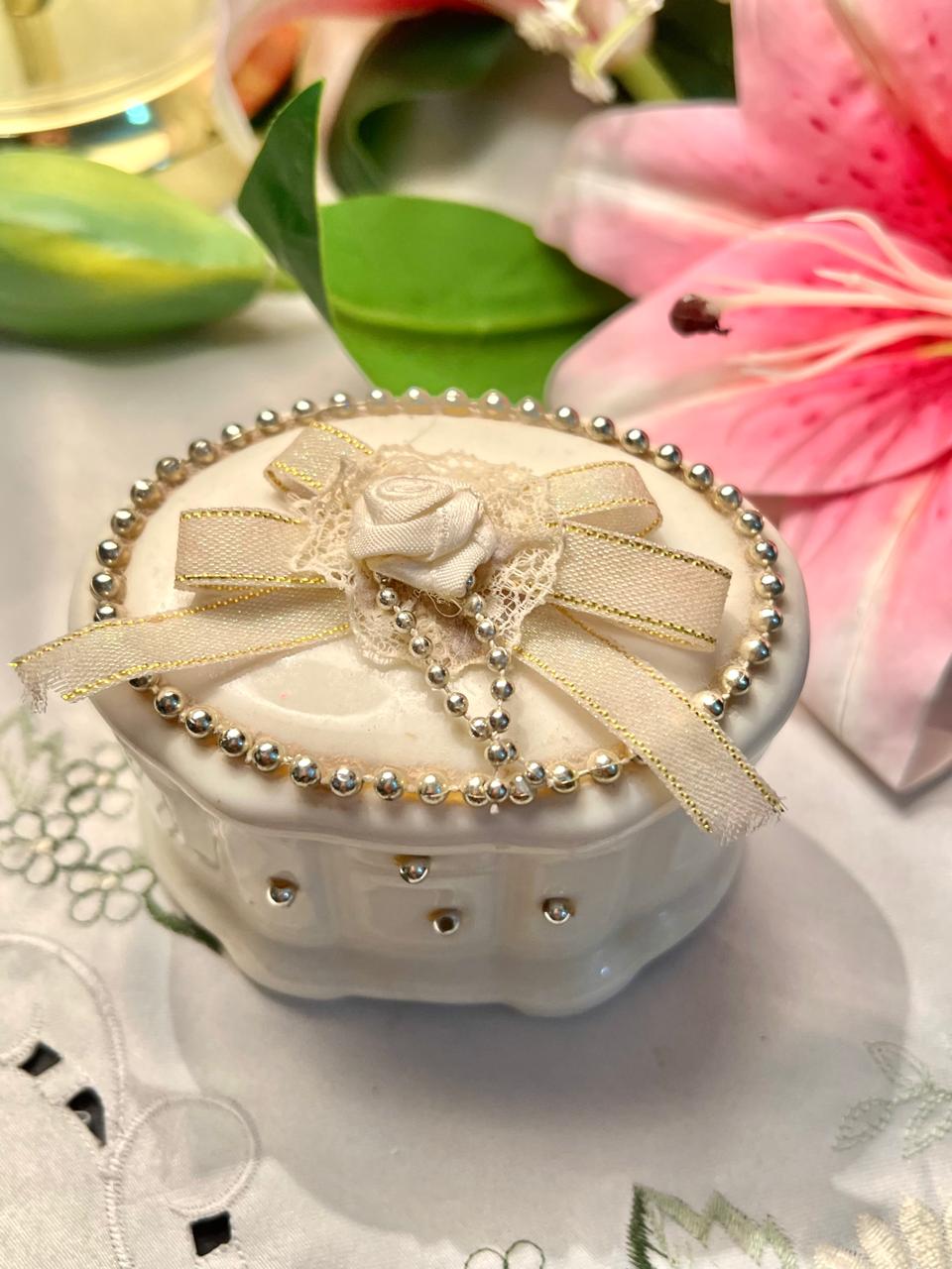 White Ceramic Beaded Lidded Trinket Box 4 in