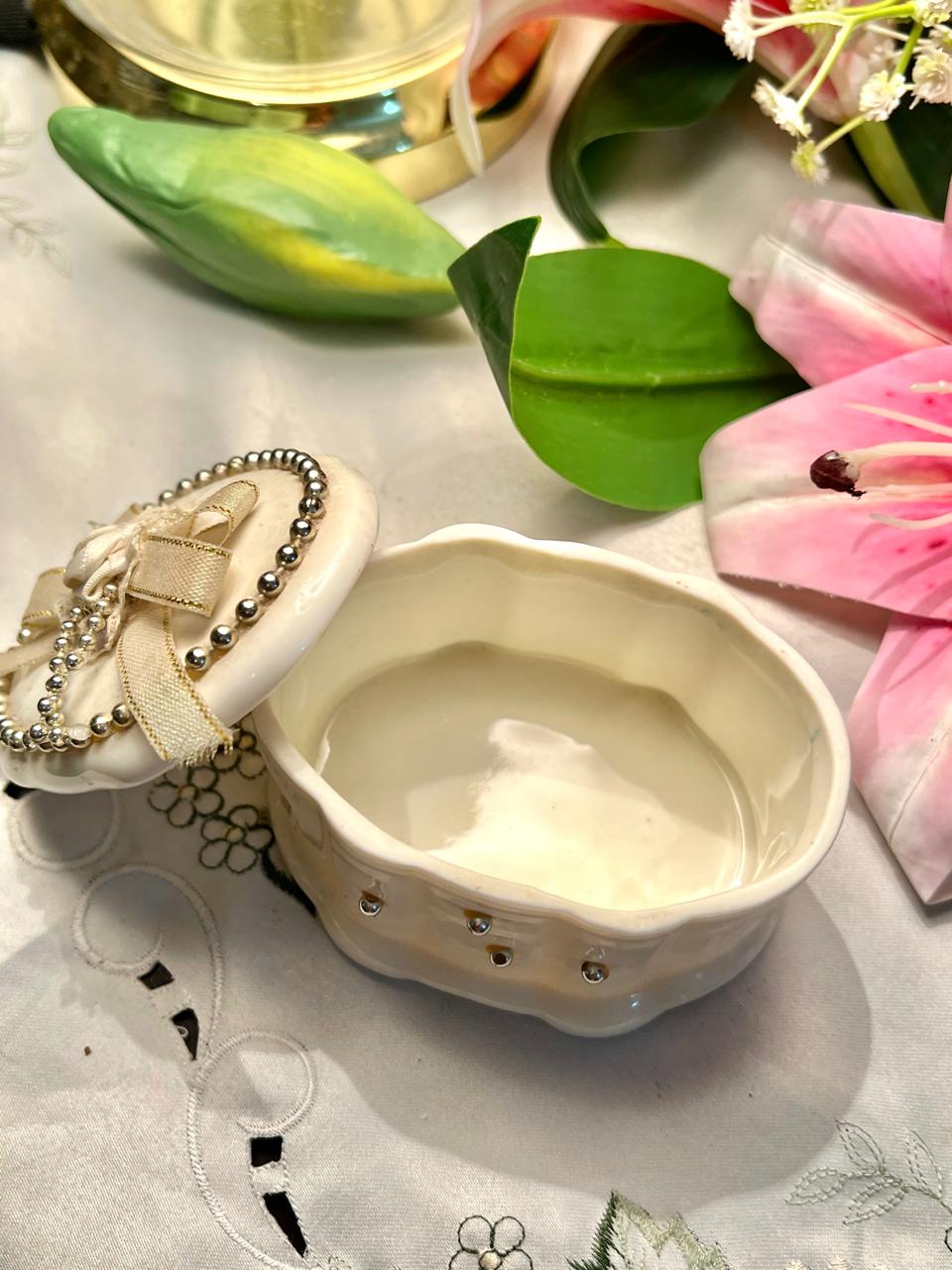 White Ceramic Beaded Lidded Trinket Box 4 in