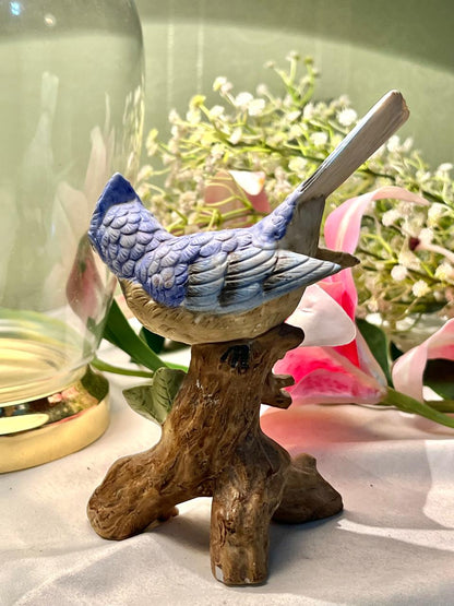 Blue Bird on Branch Figurine Floral Decor 16cm