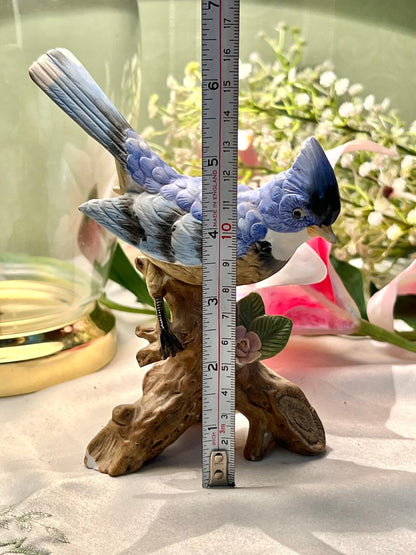 Blue Bird on Branch Figurine Floral Decor 16cm