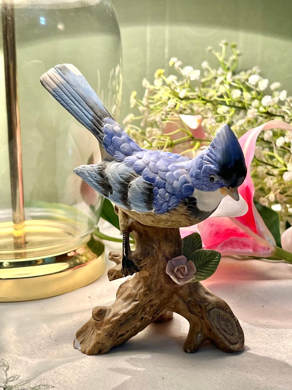 Blue Bird on Branch Figurine Floral Decor 16cm