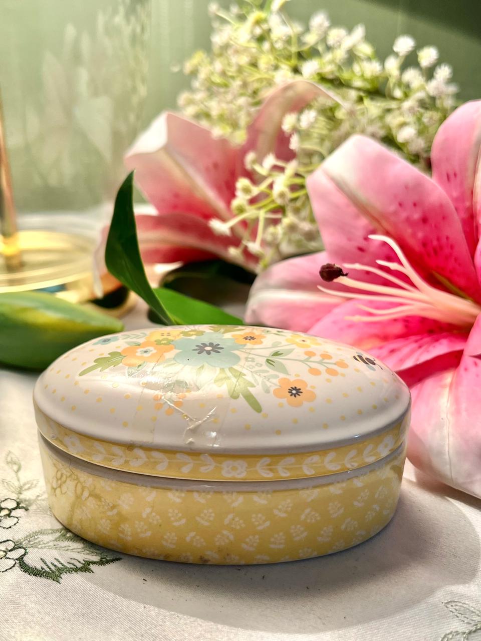 Yellow Floral Lidded Trinket Box 5 in