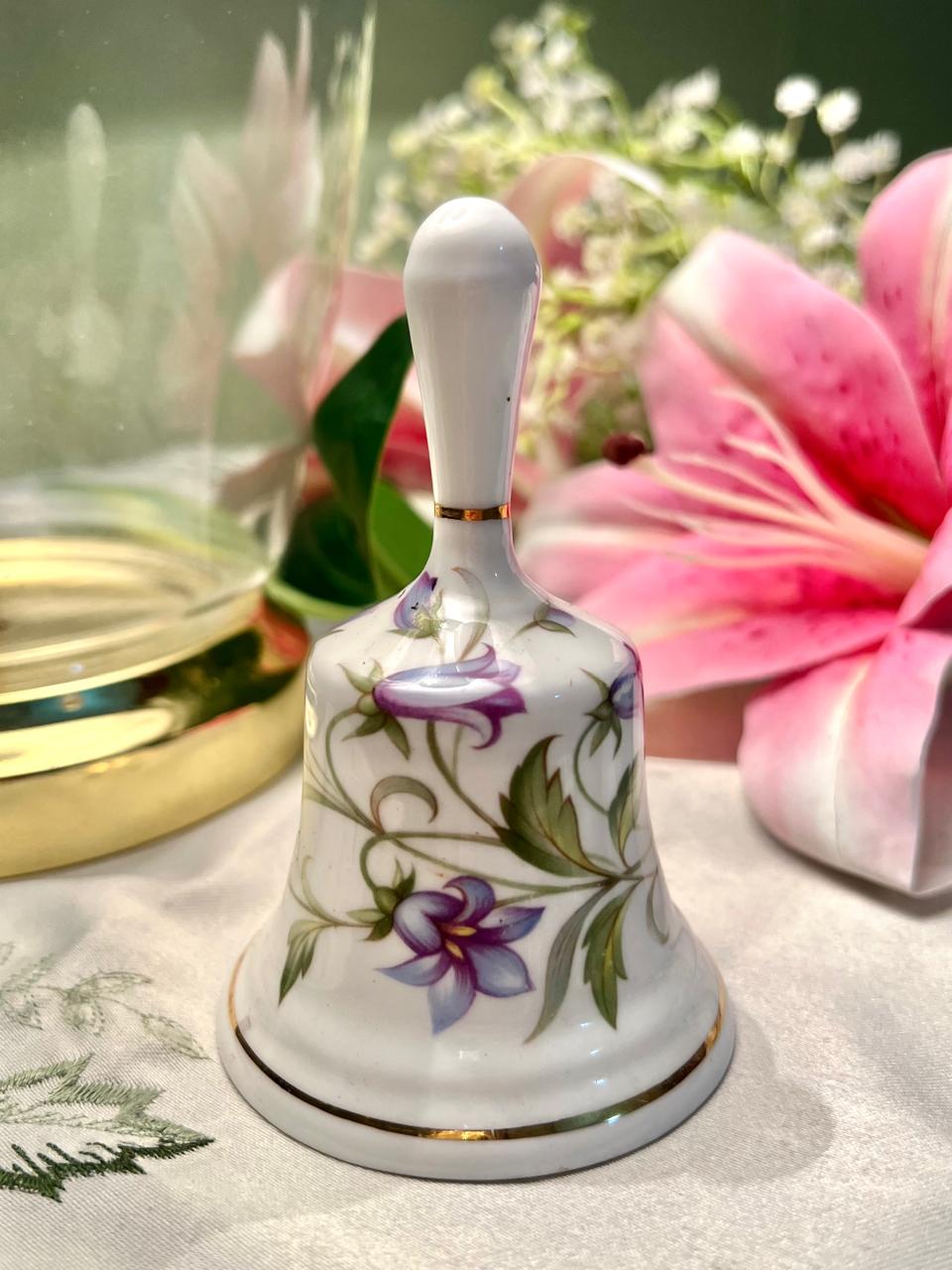 Purple Floral Ceramic Hand Bell with Gold Trim 4 in