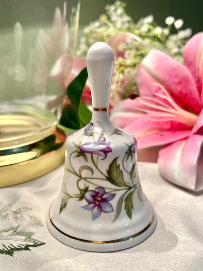 Purple Floral Ceramic Hand Bell with Gold Trim 4 in