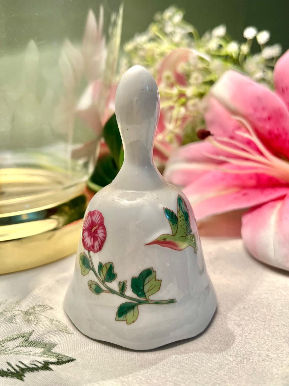 Floral Hummingbird Ceramic Hand Bell 4 in