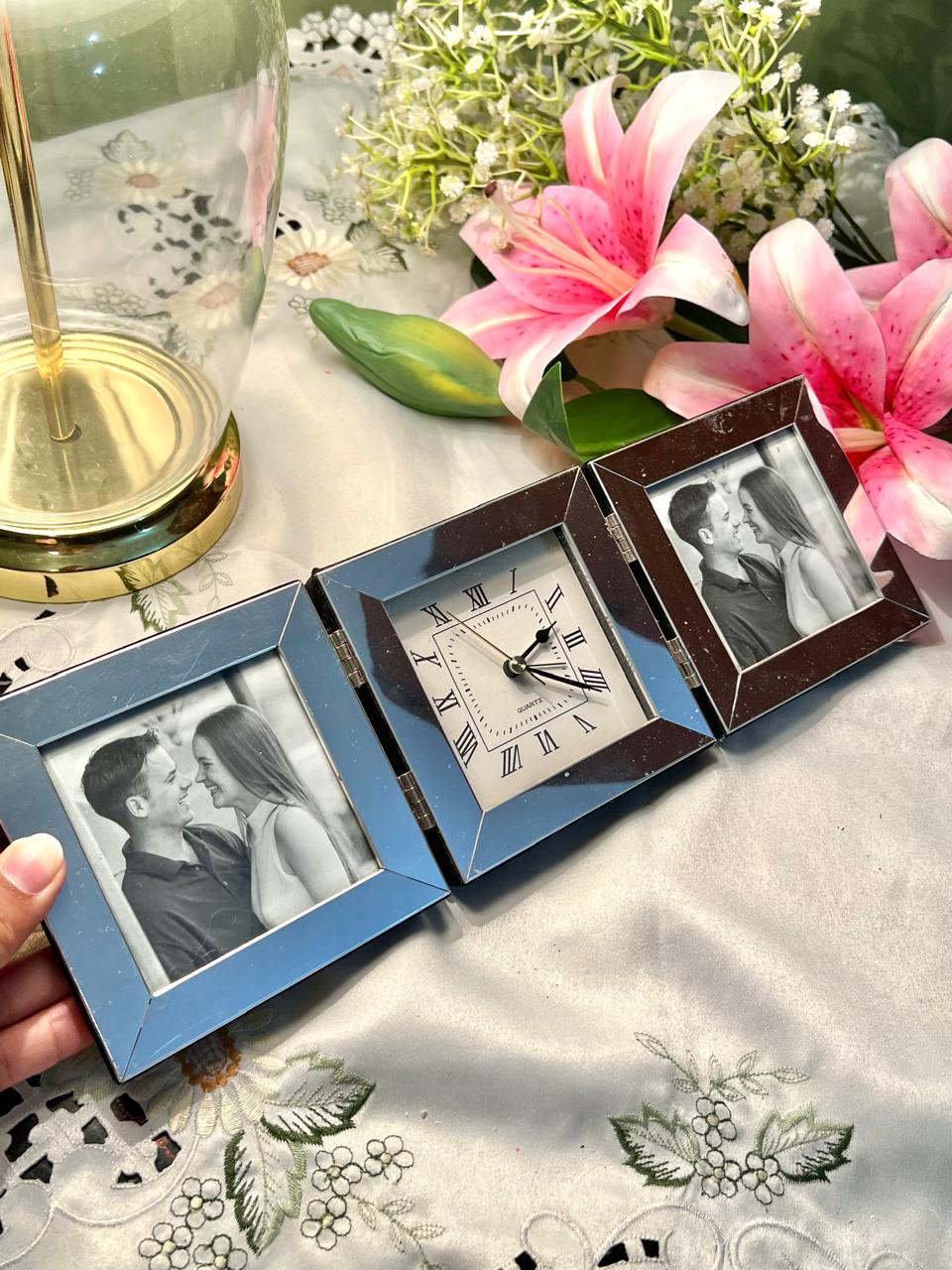 Silver  Folding Quartz Clock & Double Photo Frame 35cm