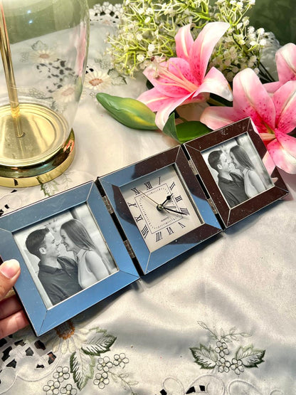 Silver  Folding Quartz Clock & Double Photo Frame 35cm