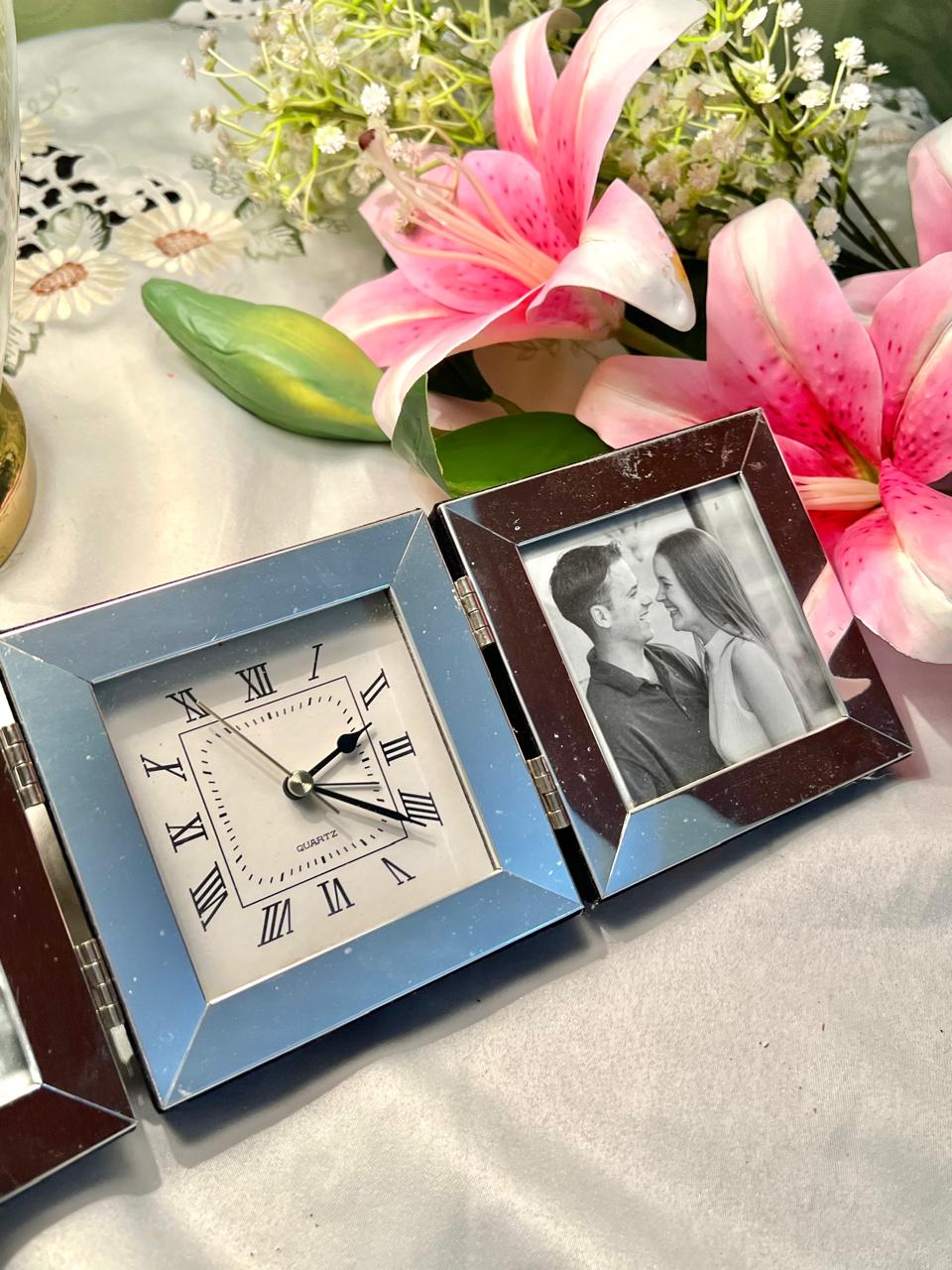Silver  Folding Quartz Clock & Double Photo Frame 35cm