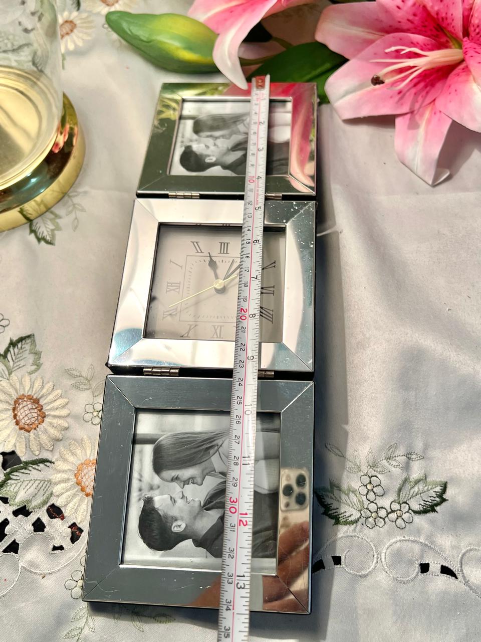Silver  Folding Quartz Clock & Double Photo Frame 35cm