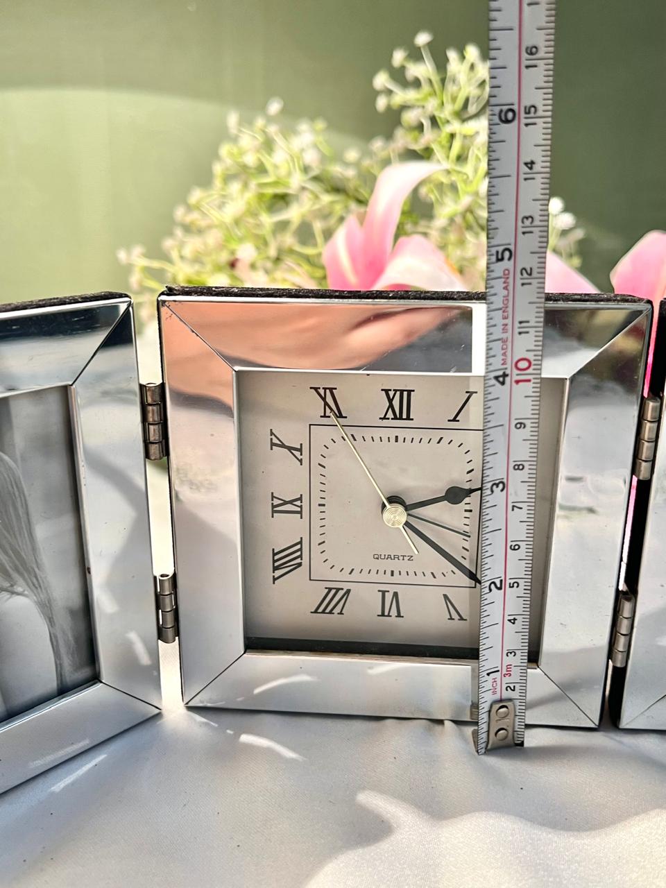 Silver  Folding Quartz Clock & Double Photo Frame 35cm