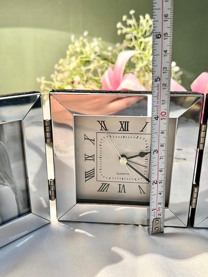 Silver  Folding Quartz Clock & Double Photo Frame 35cm