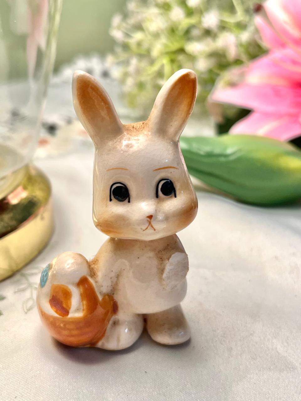 Cream Ceramic Rabbit with Basket Figurine 9cm