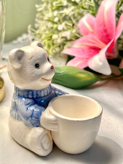 Cream & Blue Ceramic Bear Figurine Egg Cup 9cm