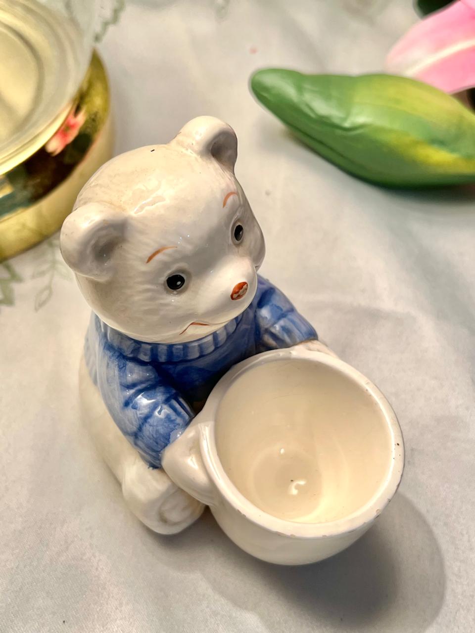 Cream & Blue Ceramic Bear Figurine Egg Cup 9cm