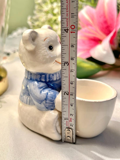 Cream & Blue Ceramic Bear Figurine Egg Cup 9cm