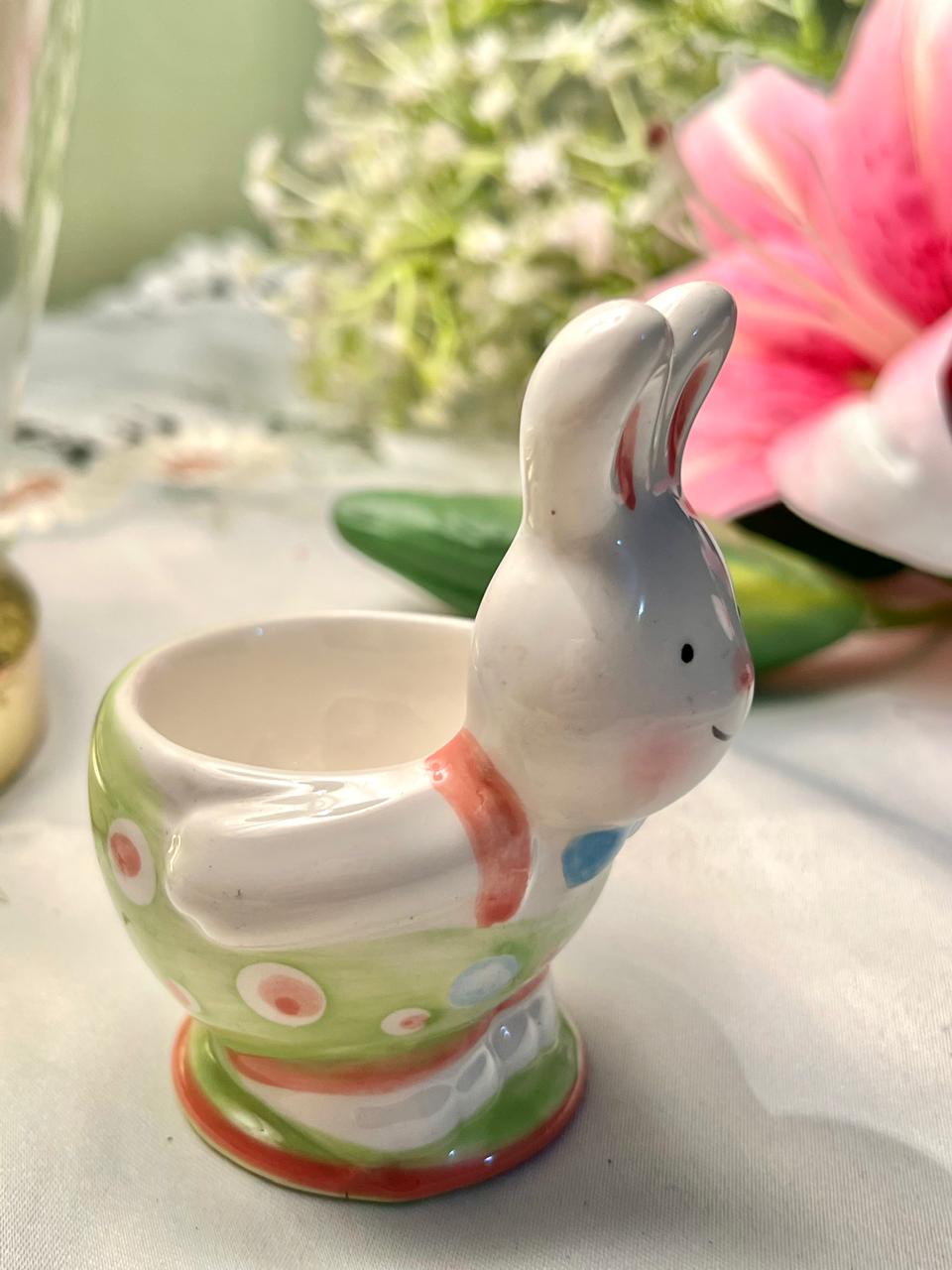 Pastel Ceramic Rabbit Egg Cup Green Floral 9cm