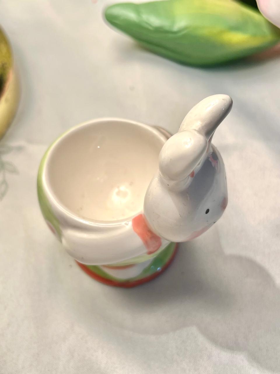Pastel Ceramic Rabbit Egg Cup Green Floral 9cm