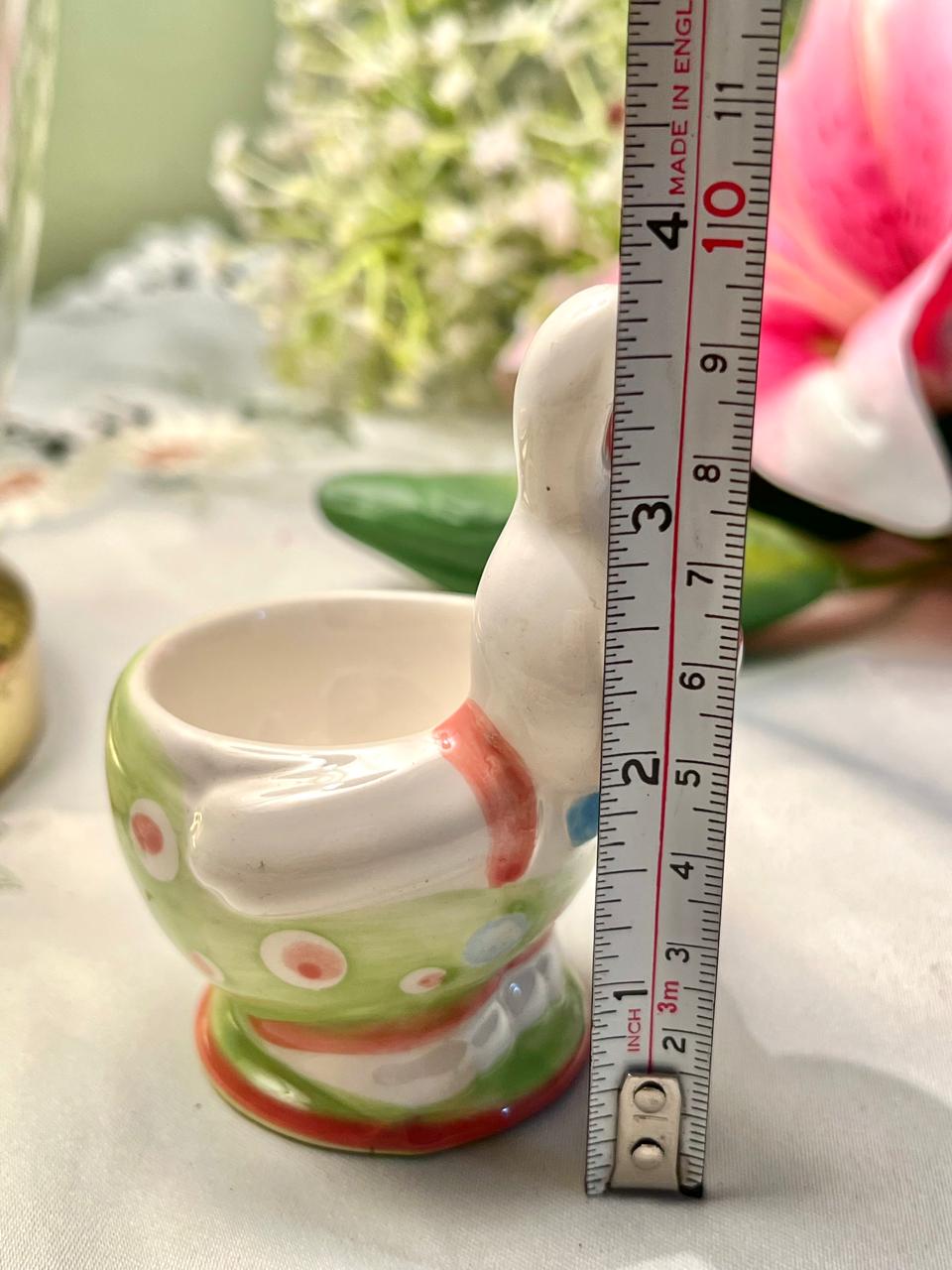 Pastel Ceramic Rabbit Egg Cup Green Floral 9cm