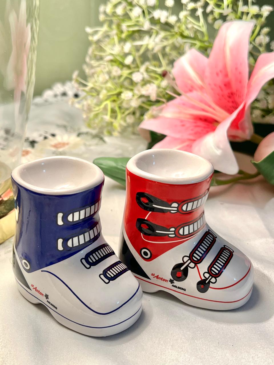 St Anton Ski Boot Ceramic Egg Cups Red & Blue 2-Piece 8cm
