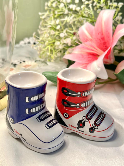 St Anton Ski Boot Ceramic Egg Cups Red & Blue 2-Piece 8cm