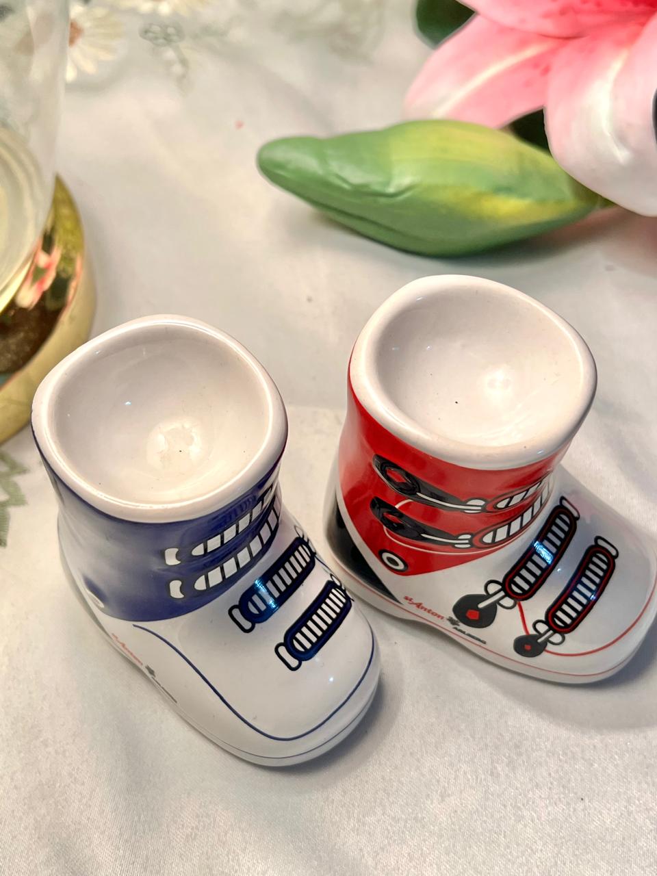 St Anton Ski Boot Ceramic Egg Cups Red & Blue 2-Piece 8cm