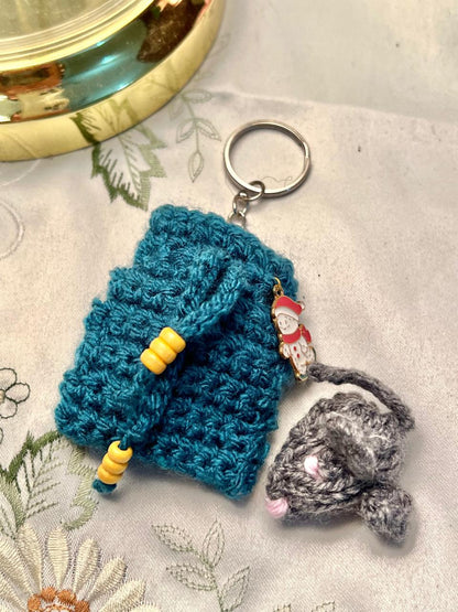 Teal Knitted Mouse Keychain Pouch 7cm