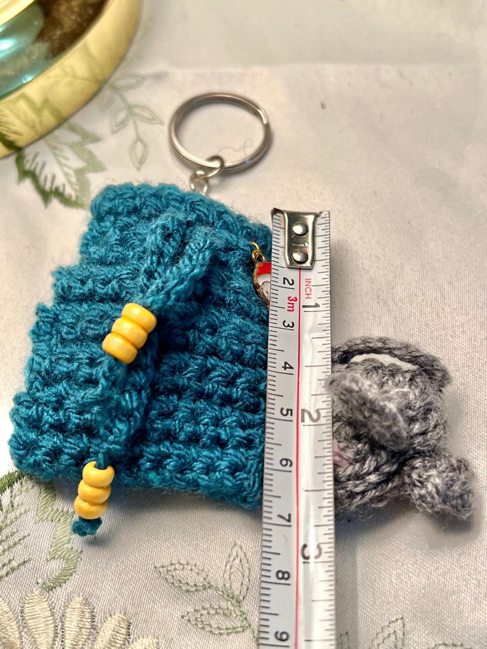 Teal Knitted Mouse Keychain Pouch 7cm