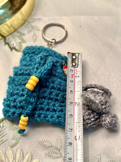 Teal Knitted Mouse Keychain Pouch 7cm