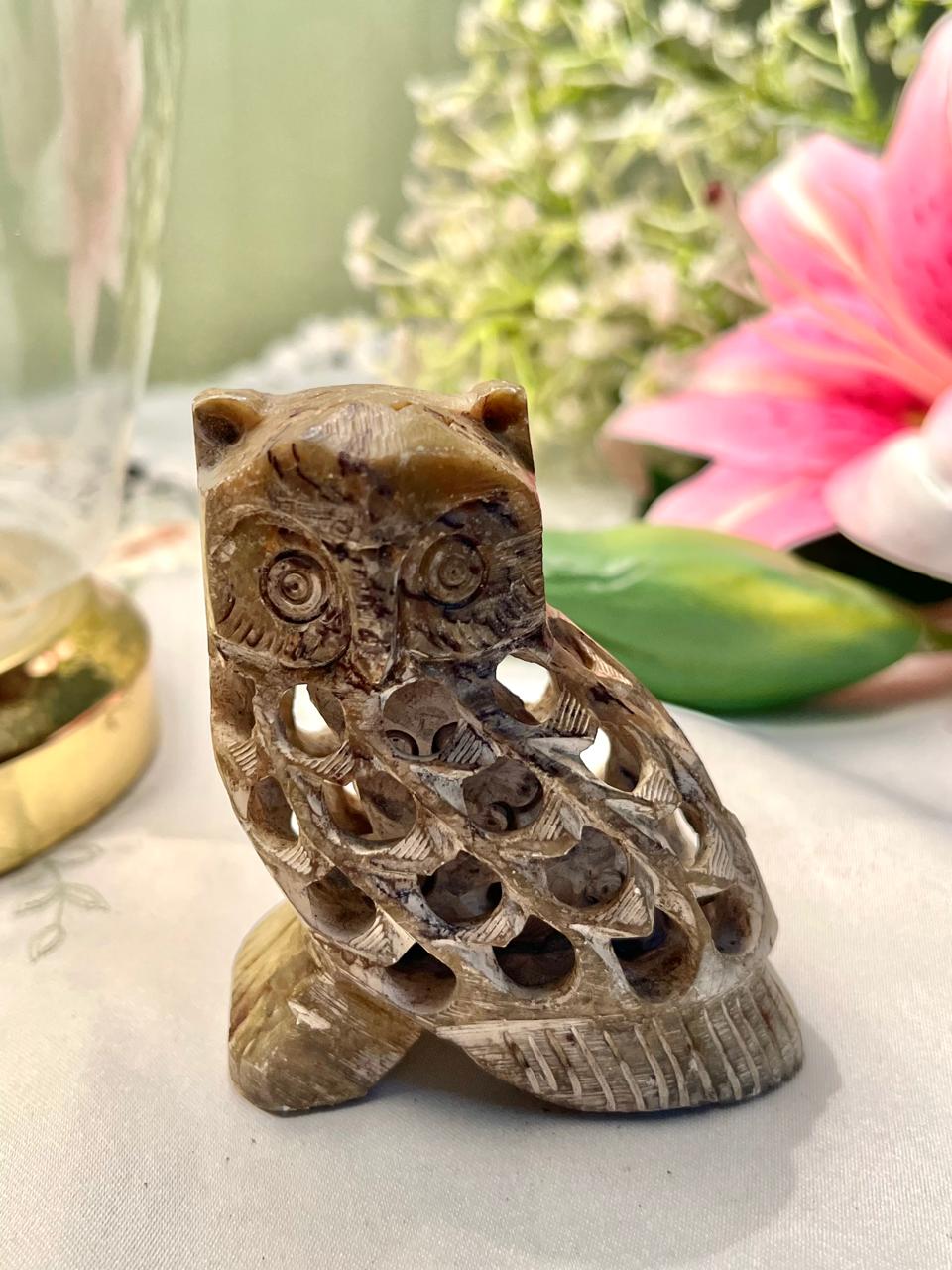 Carved Stone Owl Figurine Brown Openwork 8cm