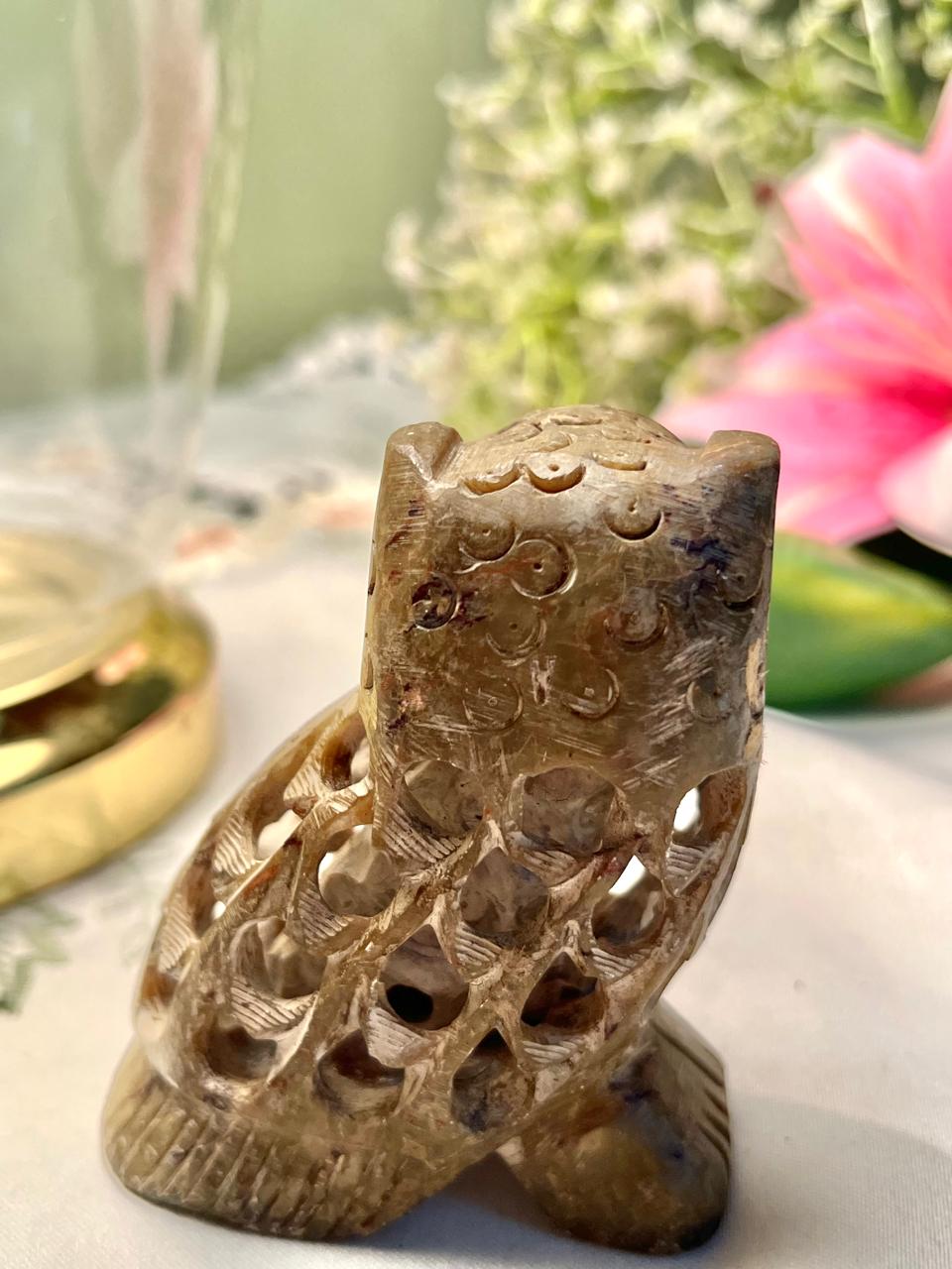 Carved Stone Owl Figurine Brown Openwork 8cm