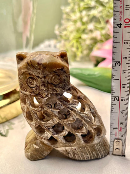 Carved Stone Owl Figurine Brown Openwork 8cm