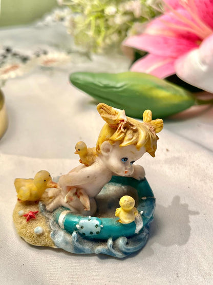 Baby with Ducklings Pool Figurine Pastel Miniature Decor 8cm