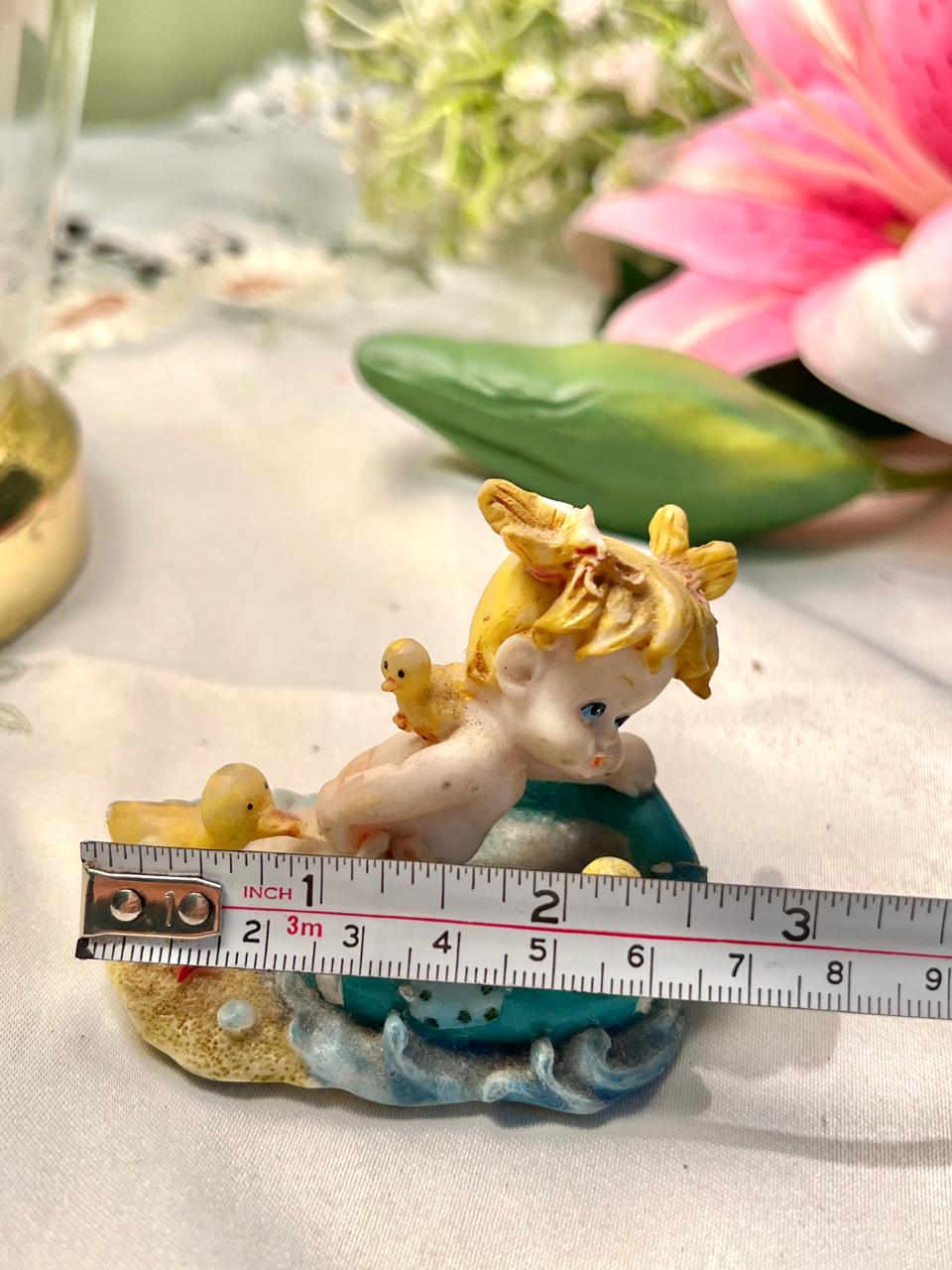 Baby with Ducklings Pool Figurine Pastel Miniature Decor 8cm