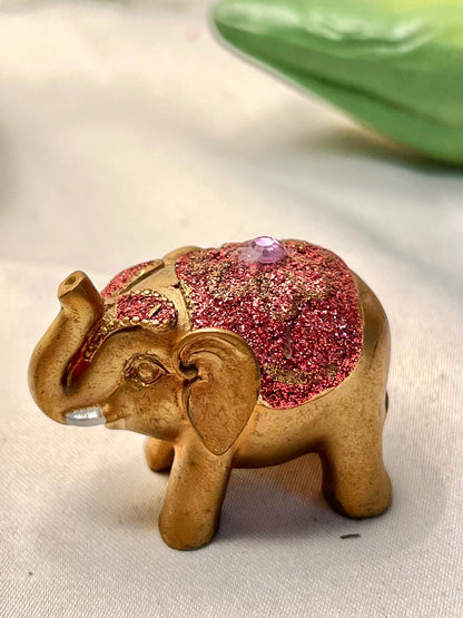 Miniature Gold Elephant Figurine Red Glitter Detail 1.5 in
