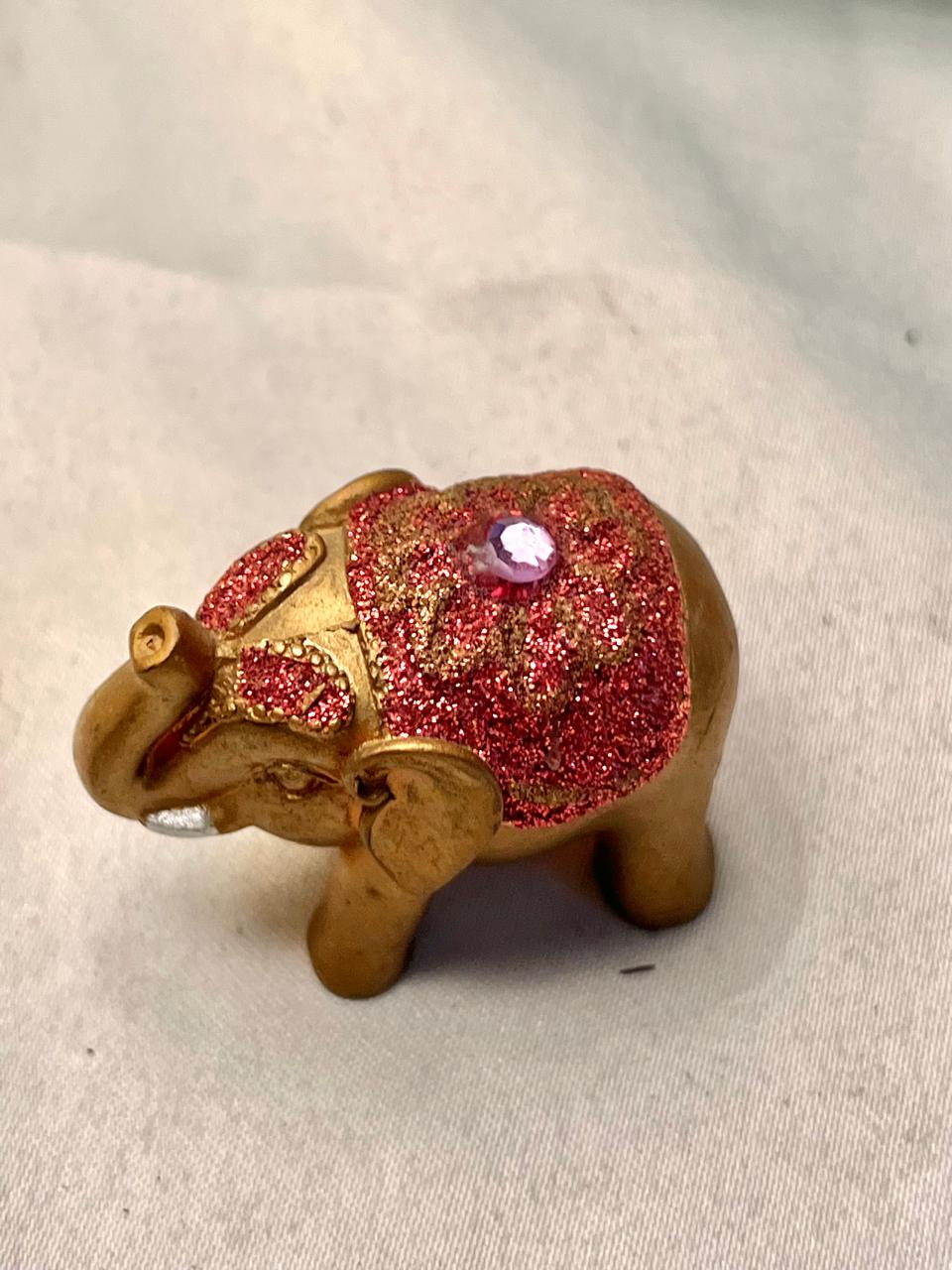 Miniature Gold Elephant Figurine Red Glitter Detail 1.5 in