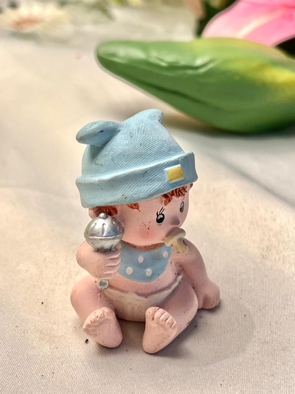 Baby with Rattle Miniature Figurine Blue Hat 6cm
