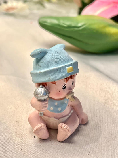 Baby with Rattle Miniature Figurine Blue Hat 6cm