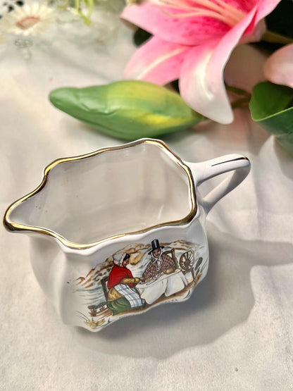 White Ceramic Cream Jug Pastoral Scene Gold Trim 9cm