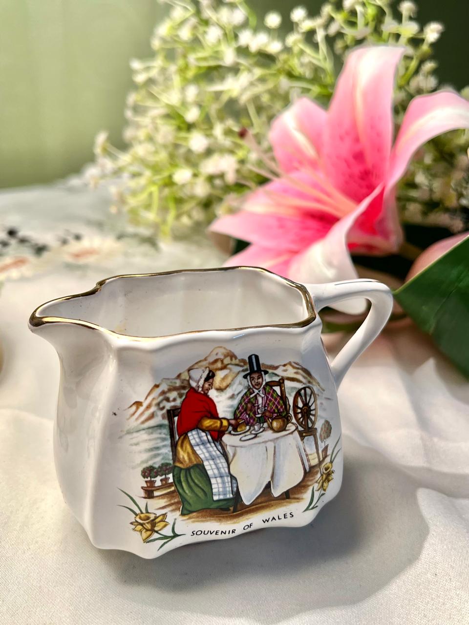 White Ceramic Cream Jug Pastoral Scene Gold Trim 9cm