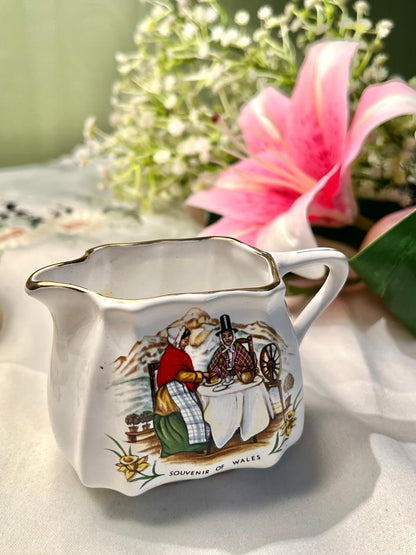 White Ceramic Cream Jug Pastoral Scene Gold Trim 9cm