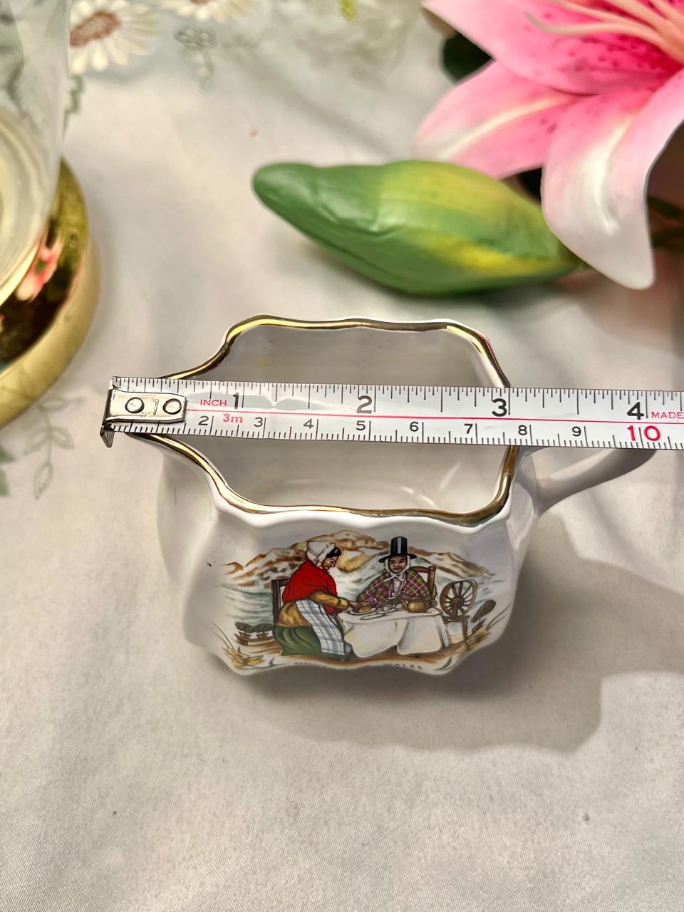 White Ceramic Cream Jug Pastoral Scene Gold Trim 9cm